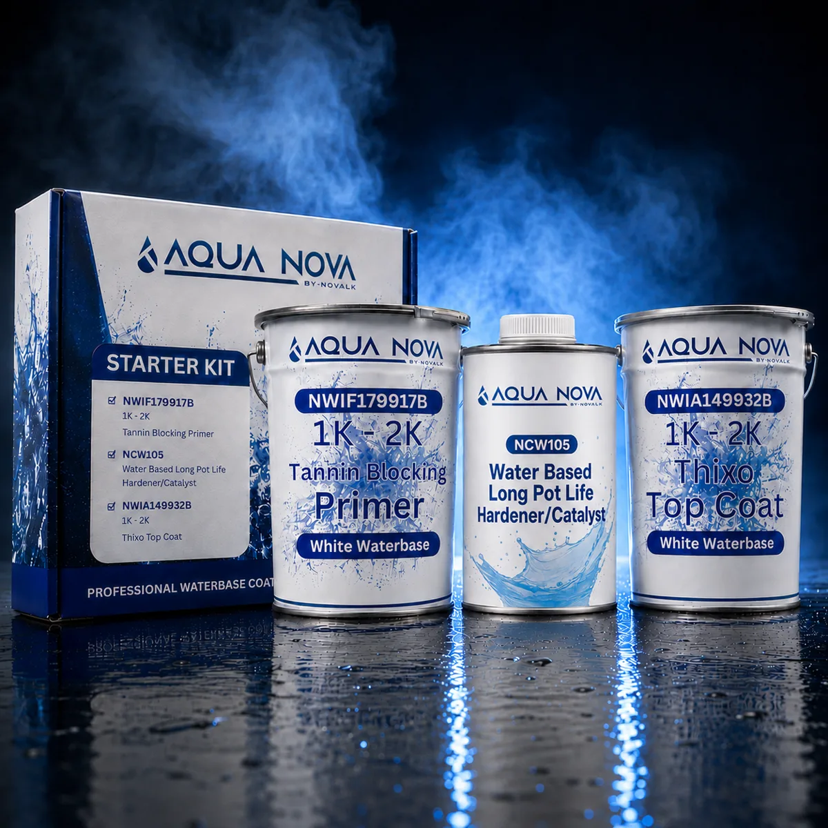 The Novalk Cabinet Starter Kit — tannin-blocking primer, white topcoat, and long-pot-life hardener